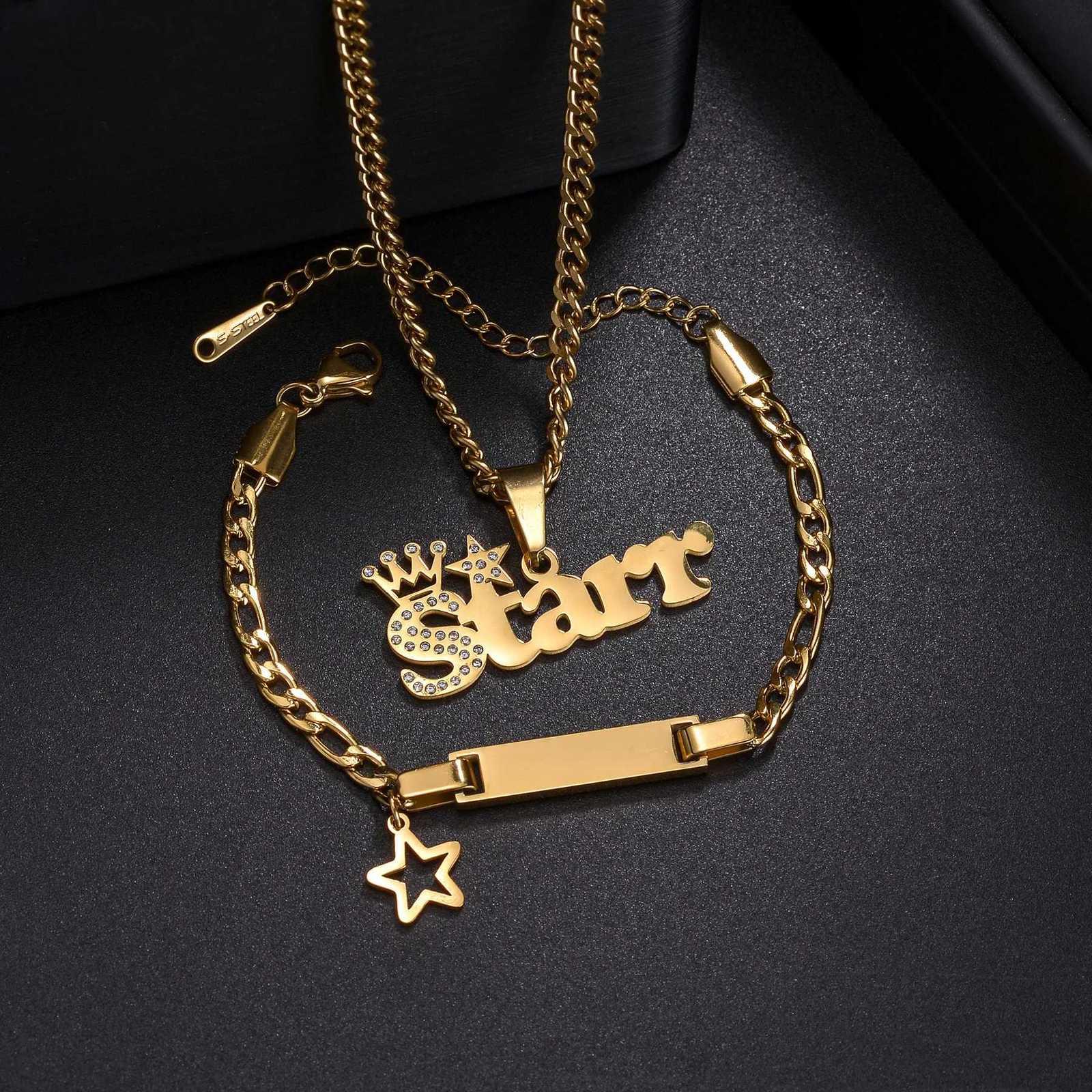 35cm Engraved Childrens Name Bracelet Necklace Stainless Steel Jewelry Sets for Kids Baby Personalized Crown Birthday Gift X2507181
