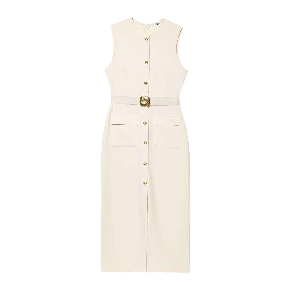 TRAFZA American Round Neck Spring New Style Belted Sexy Sleeveless Midi Dress B5