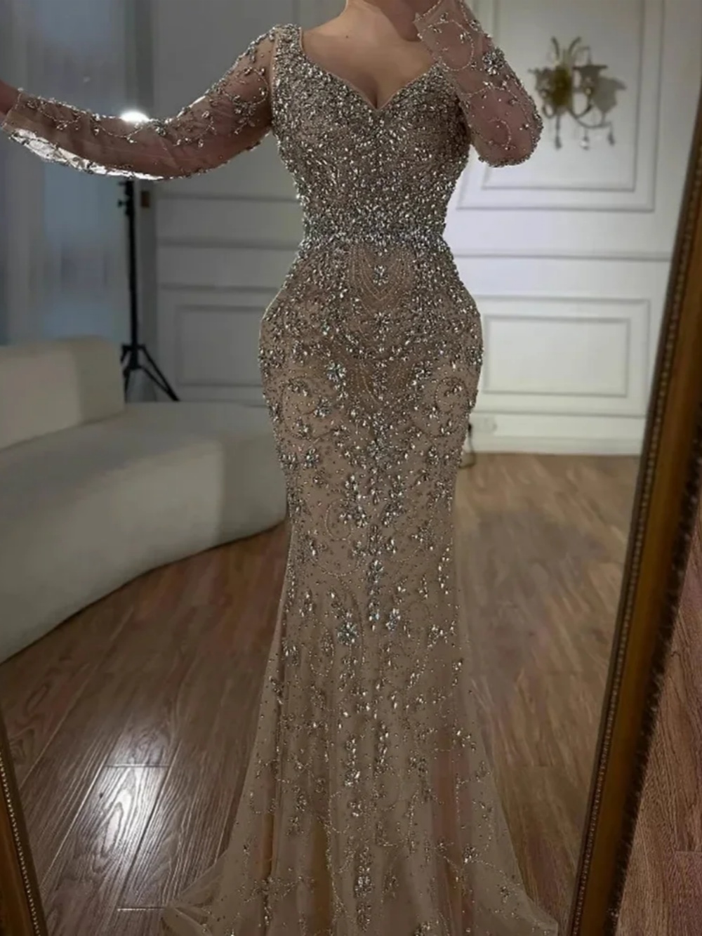 Unique Mermaid Evening Dress Sweetheart Neck Long Sleeve Crystal Beaded Prom Gowns Luxury Floor Length Formal Dresses Customized