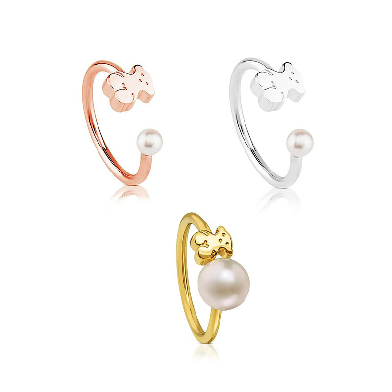Designer Tous Jewelry Peach Silk Bear 925 Pure Silver Open Pearl Ring Light Luxury Female Handmade Versatile Ins