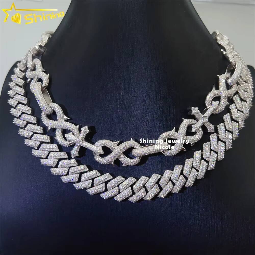 Hip Hop Fine Jewelry Vvs Diamond 3 Rows 15mm Cuban Link Necklace 925 Silver Men Moissanite Cuban Chain