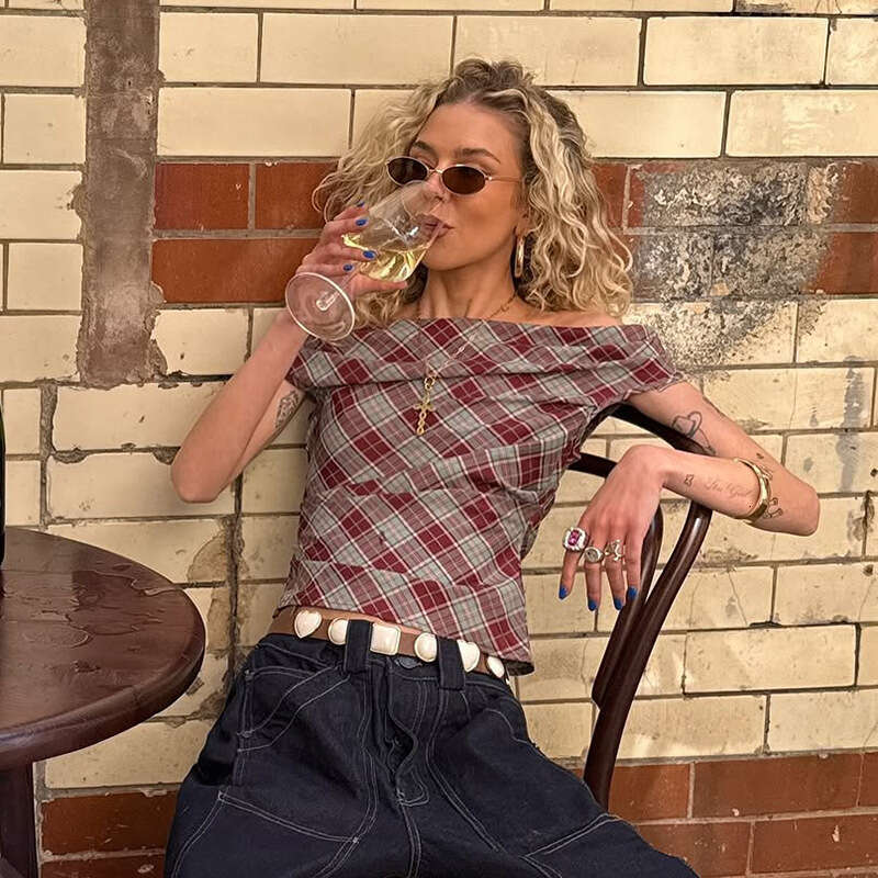 Red Plaid Asymmetrical Neckline Off-Shoulder Vest Summer Sexy Backless Short Sleeveless Outerwear Top B5