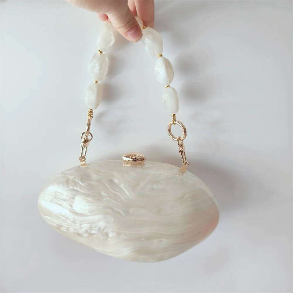Oval Marble Beige Shell Acrylic Elegant Evening Bag Cute Handbag Wedding Lady Girl Female Mini Purse