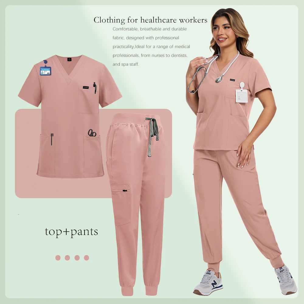 Summer Elastic Anti-wrinkle Surgical Uniform Dentist Clinical Uniform Men Womens Jogger Suit Medical Scrub Top Pant With Pocket Z250718