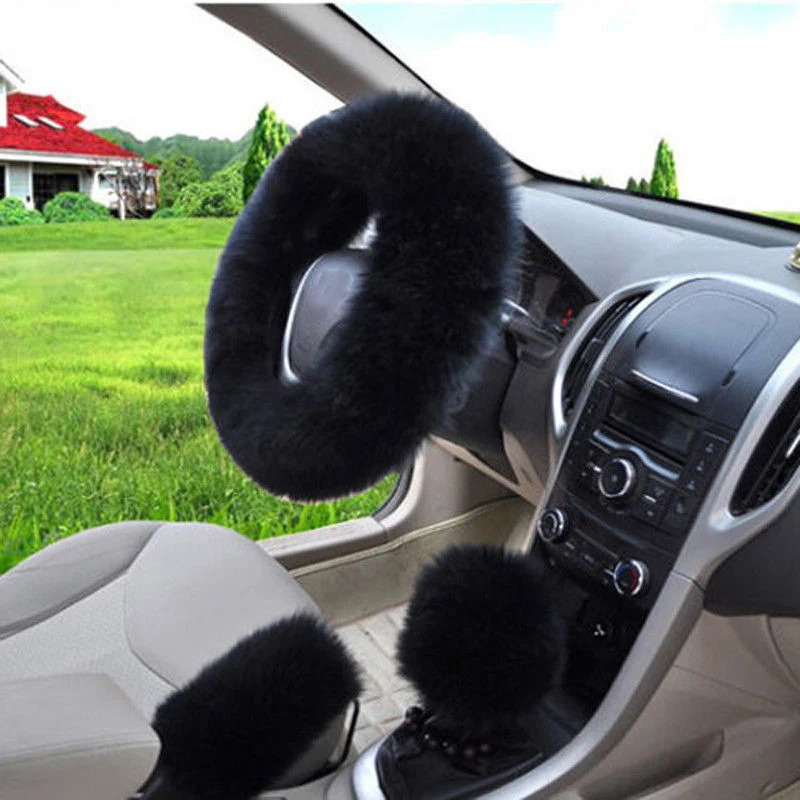YESPLEASE 3pcsset Wool Winter Car Steering Wheel Cover Long Australian Wool Heated Fur Handbrake Gear Shifter Cover 250715