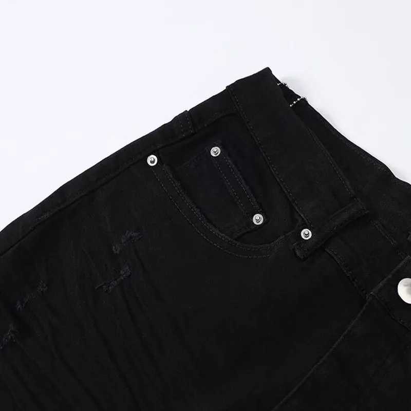 European and American designer high street fashion new black mens jeans stretch slim fit retro washed leather patch jeans hip-hop X250718