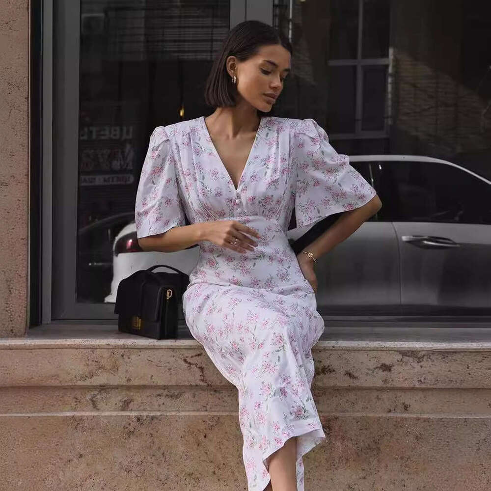 Short Sleeve Summer New V-Neck Regular Shoulder High Waist Long Floral Dress B5