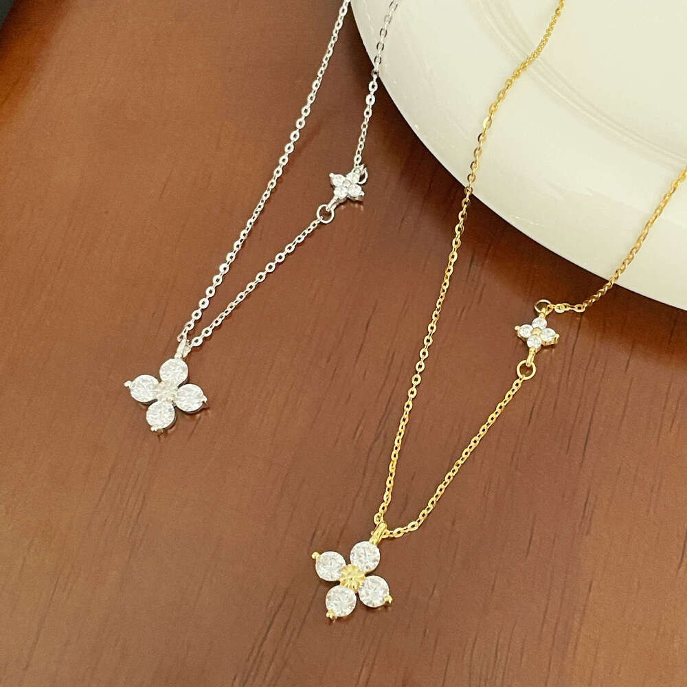 Tiqi S Pure Sier Super Shiny Four-Leaf Clover Necklace for Women, Socialite Style, High-End Full Dia Flower Light Clavicle Chain Trend