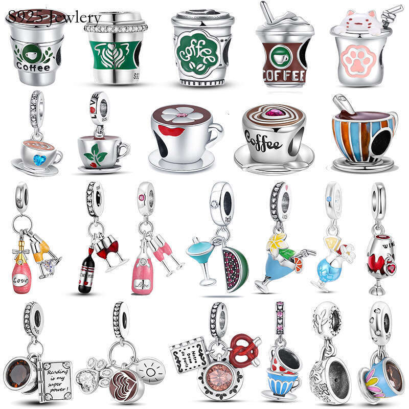S925 925 Silver Cup Collection Coffee Afternoon Tea Wine Glass Pendant Fit Original Bracelet Charms Bead Necklace DIY Jewelry
