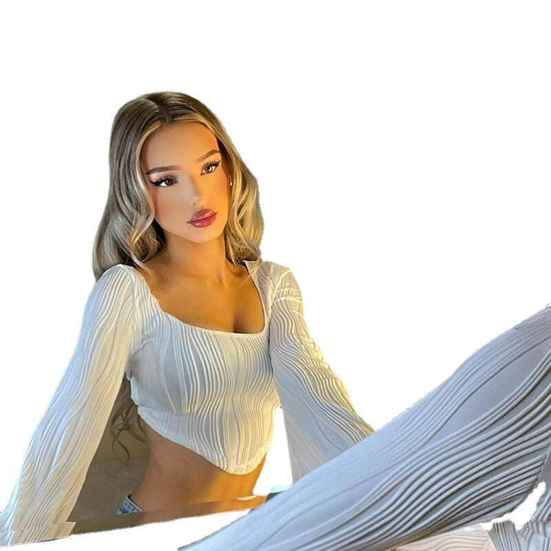 Ins Style Spring New Patchwork Striped Flared Long Sleeve U-Neck Sexy Short Top For Women B5