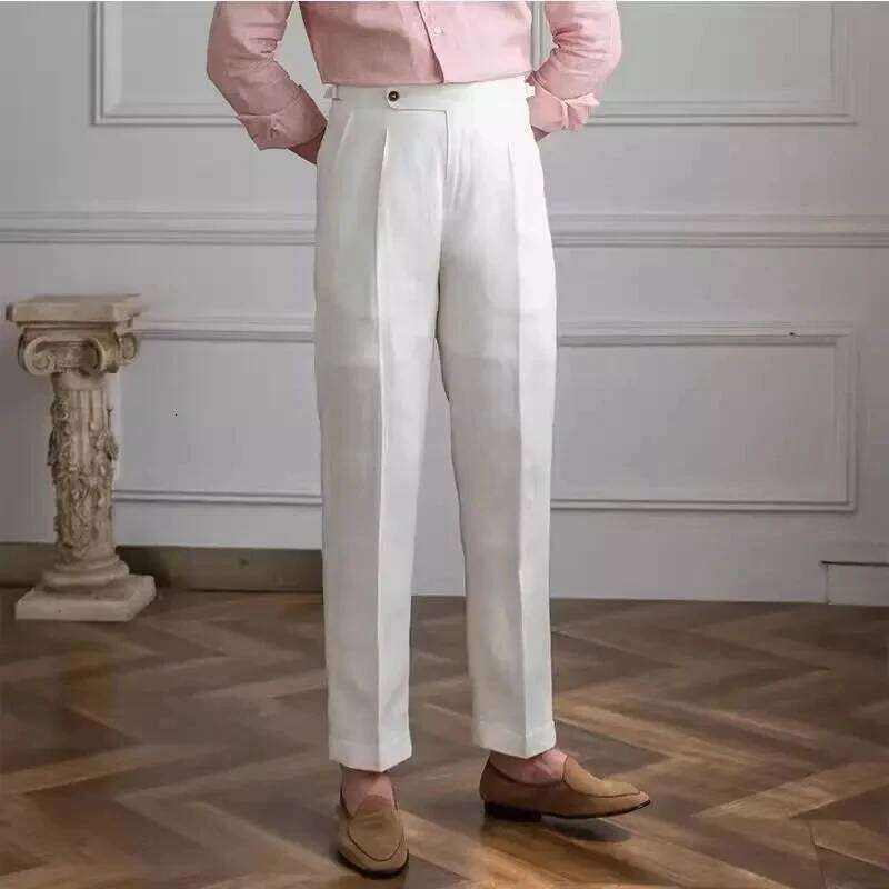 Spring Autumn Men 100% Linen Italian Naples High Waist Straight Suit Trousers Fashion Lightweight Breathable Casual Pants