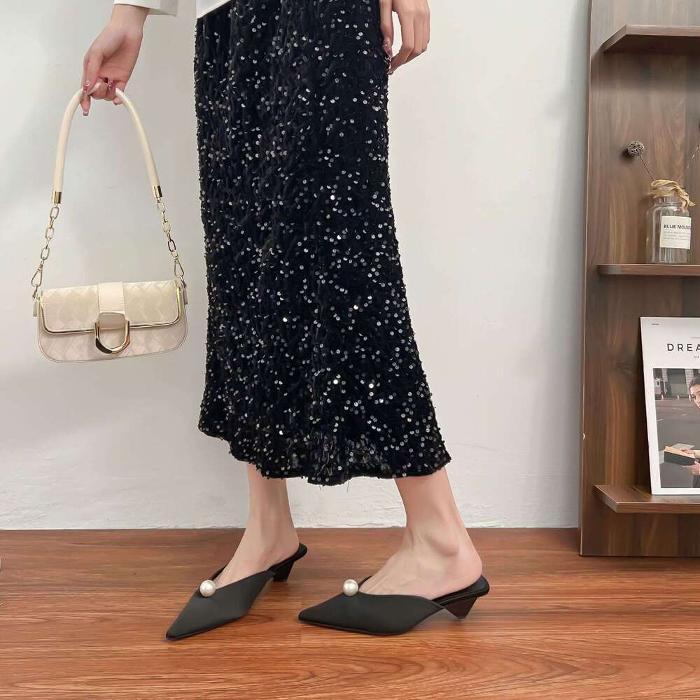 Pointed Toe Single 2025 New French Style Closed-Toe Sandals Chunky Triangle Heel Backless High Heels Comfortable Women's Shoes