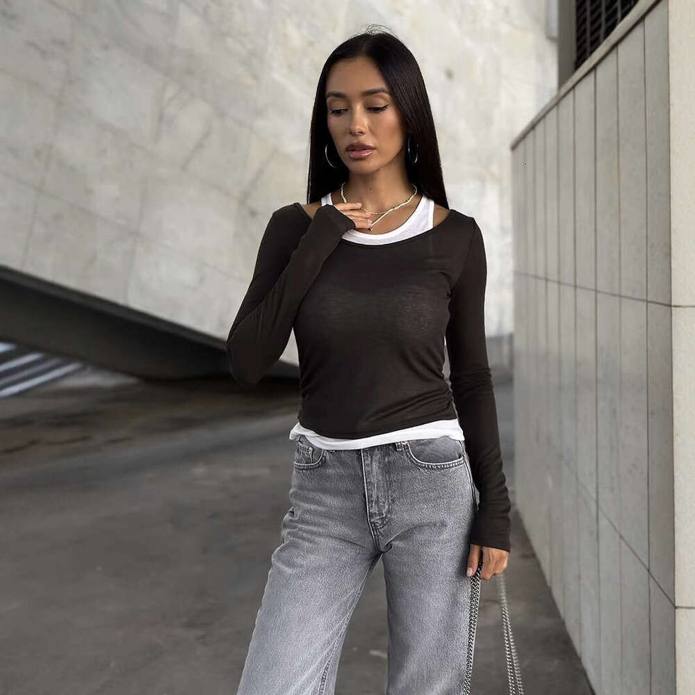 Color Block Fake Two-Piece Long Sleeve T-Shirt For Women Spring And Autumn Slimming Modal Layering Base Shirt B5