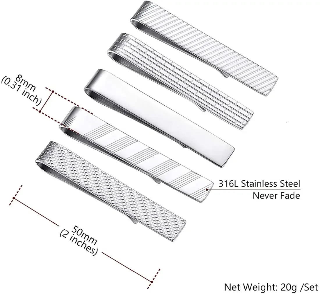 U7 Stainless Steel 5pcsset Tie Clips for Men Flat Clip Silver Color Mix Necktie Gift Him Daily Jewelry Set 250715