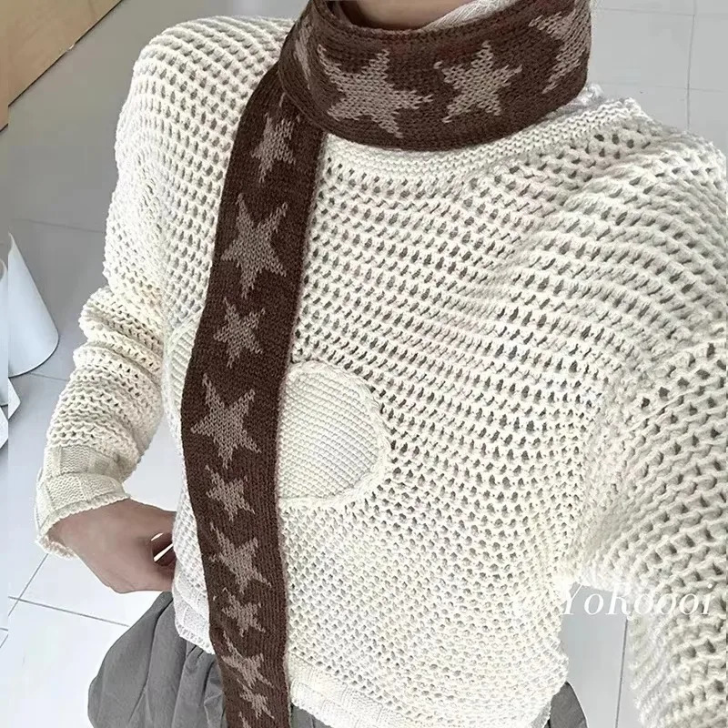 Star Cashmere Scarf Vintage Knitted Narrow Longer Scarf Women Two Colors Muffler Neck Warmer Y2k Girl Accessories Four Seasons 250717