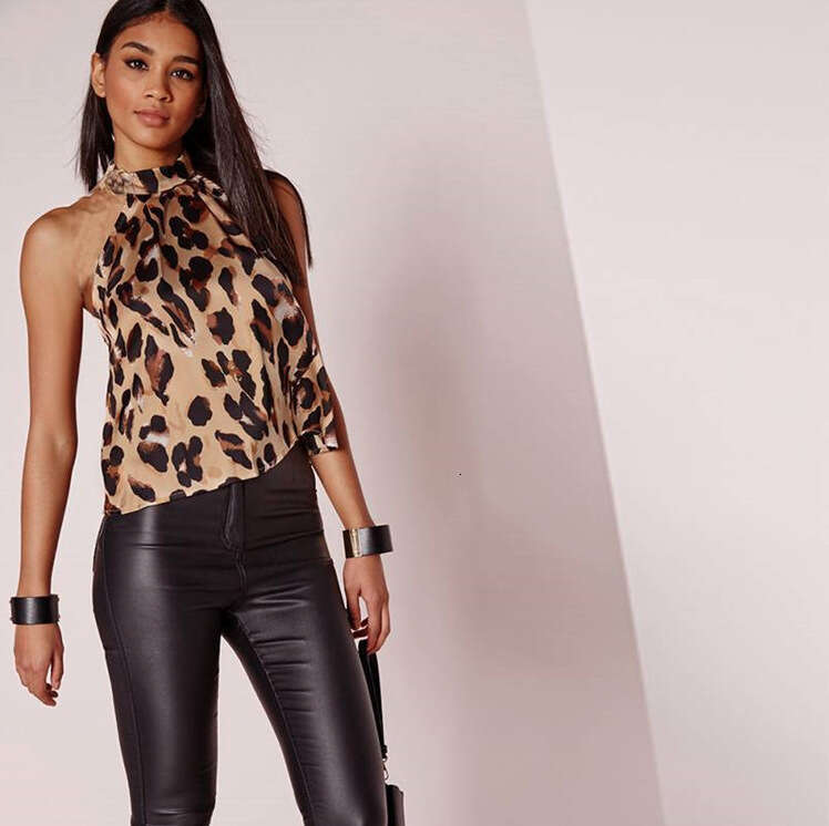 Summer Women's Leopard Print Thin Halter Neck Slim Fit Off-Shoulder Sleeveless Sexy Spicy Girl Versatile Base Shirt B5