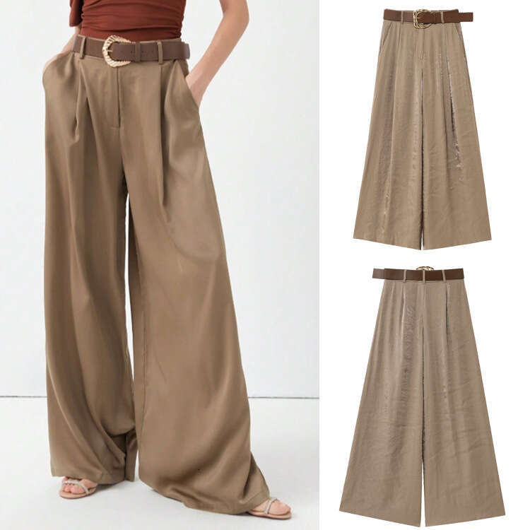 TRAFZA Spring New Women's Fashion Versatile Belt Silk Satin Casual Straight Pants B5