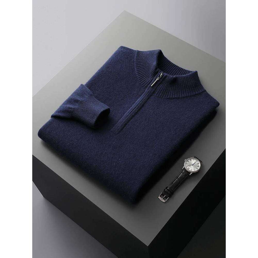 Men 100% Merino Wool Sweater Suit Mock Neck Zipper Pullover And Pencil Pants Autumn Winter Thick High Quality Knitwear Two Piece