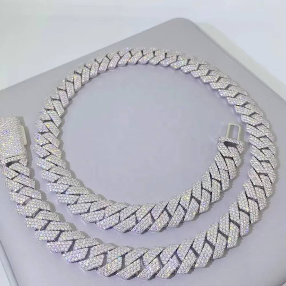 Hip Hop Moissanite Cuban Chain Straight Angle 18MM 2 Rows S925 Custom Cuban Link Chain Necklace