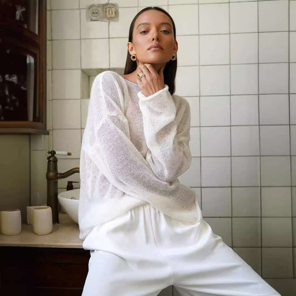 Spring Summer New Women's Hollow Out Sweater, Sheer Thin Large Round Neck Flare Sleeve Knit T-Shirt B5