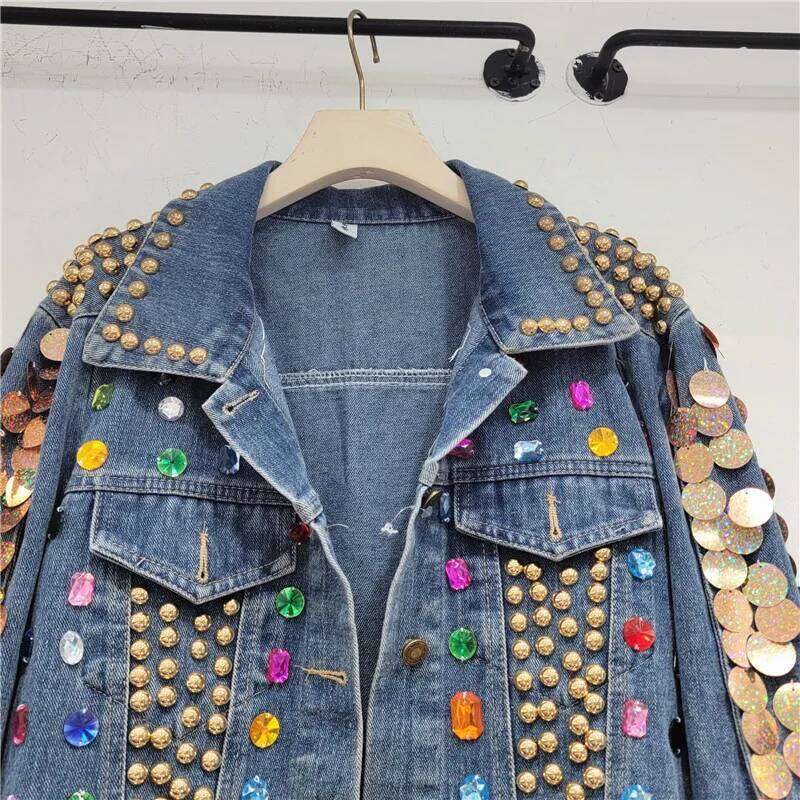 Women Rainbow Dias Beaded Denim Jacket Rhinestones Rivets Jeans Bright Green Sequined Sleeve Cowboy Coat Cardigan Tops