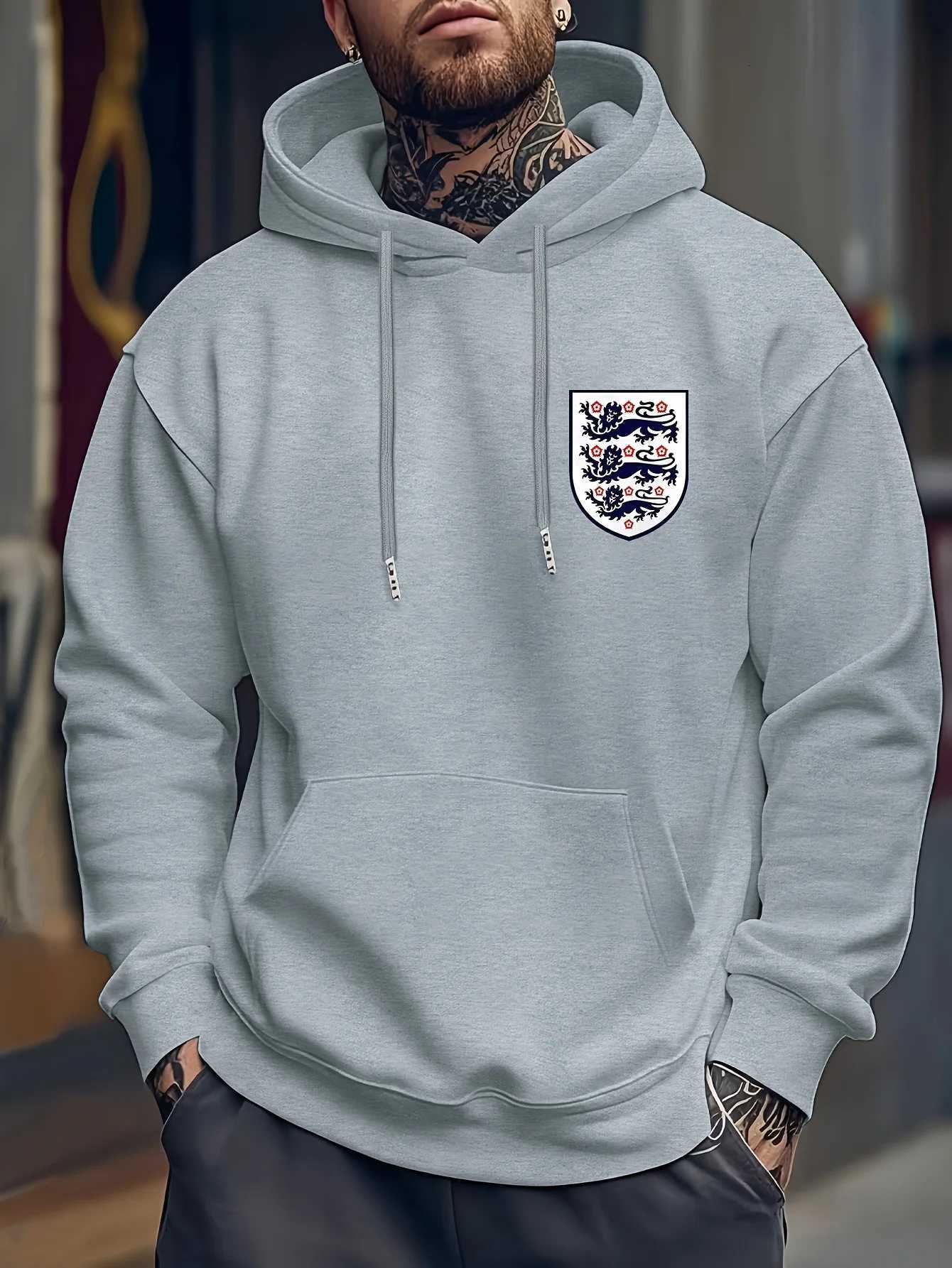 Mens Casual Hooded Sweatshirt with England Flag Print - Winter Pullover Regular Fit Hoodie for Casual Attire Sweater Hoodie XJ250714