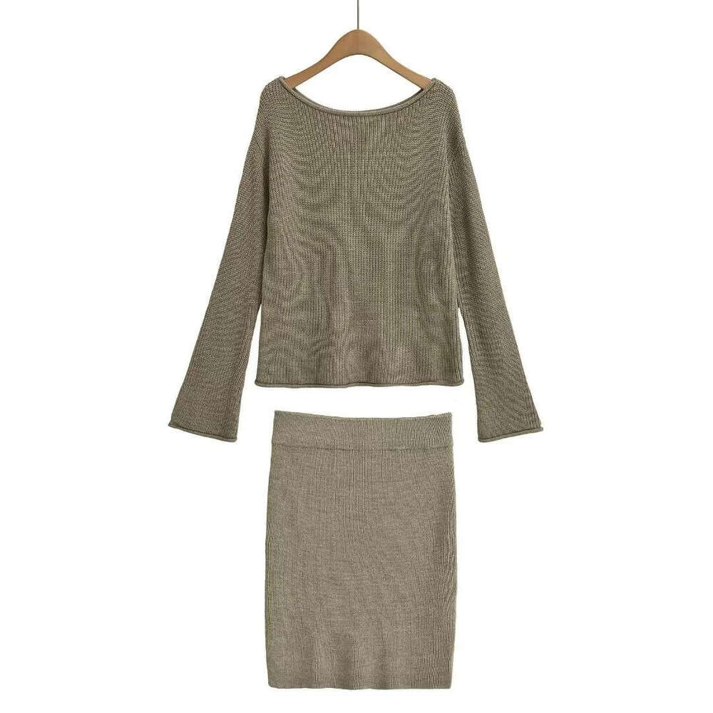 Lazy Style Loose Casual Asymmetrical Knit Top High Waist Bodycon Half Skirt Elegant Slimming Two-Piece Set B5