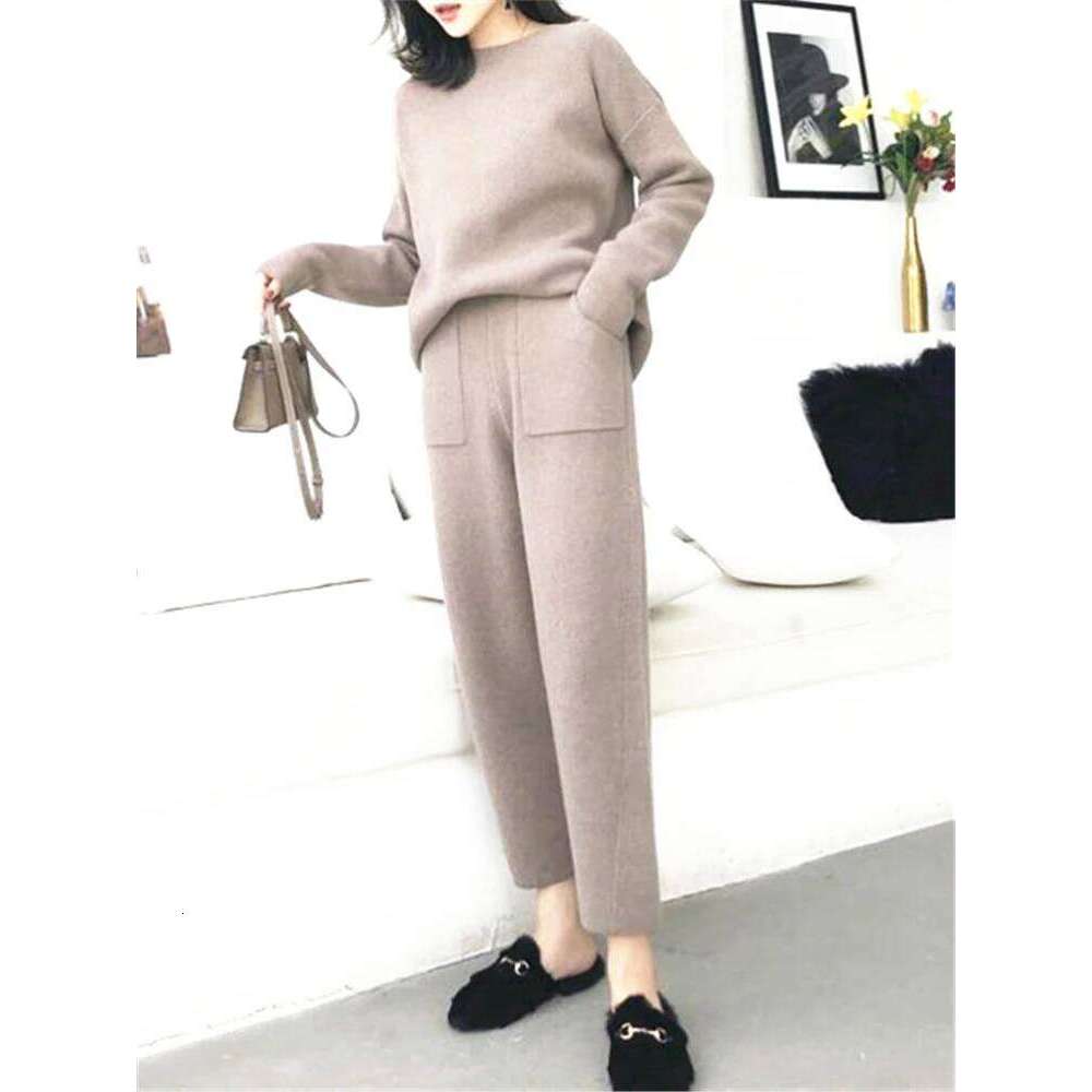 2 Pieces Women's Sets Warm Knitted Tracksuit Autumn Winter O-Neck Sweater And Casual Harme Pants Pullover Suits MDNG