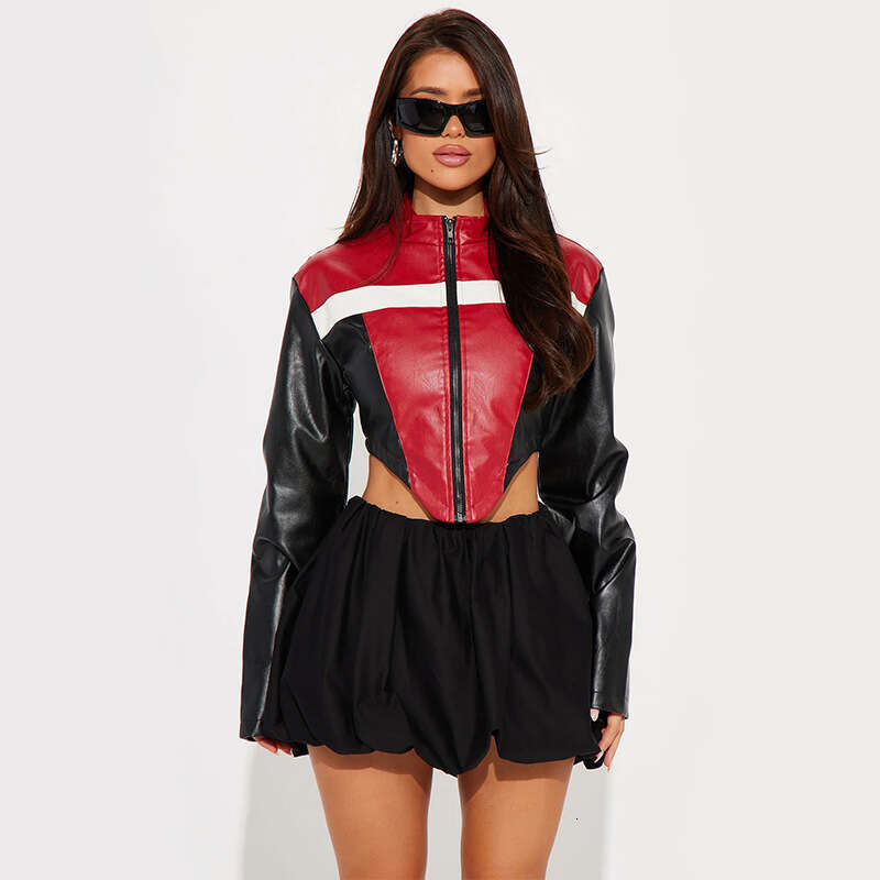 Color-Block Motorcycle Style Short Cropped Long-Sleeve Leather Jacket Autumn New Fashion Hot Girl Zipper Top B5