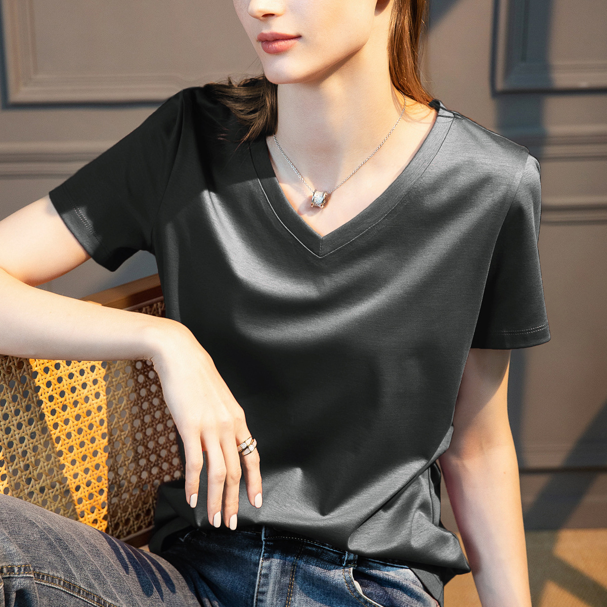 High-Count Mercerized Modal Short Sleeve White Summer Women's Loose Round Neck Cotton T-Shirt