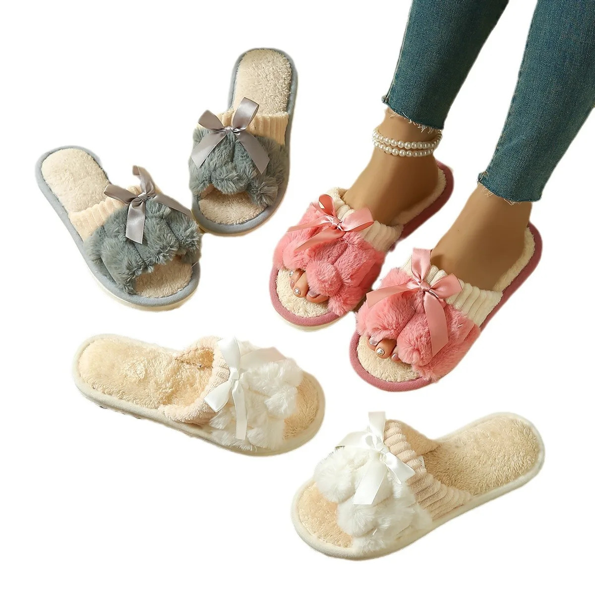 Bow Decorative Plush Slippers For Women Autumn Winter Warm Indoor Home Soft Sole Lightweight Slides Furry Cotton Shoes 250717