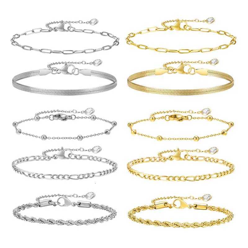 5PCS/Set Wen Gold/Silver Color Bracelets Stainless Steel Lady Geometric Fashion Charm Chain Multi-Layer Dainty Girl Jewelry X2507181