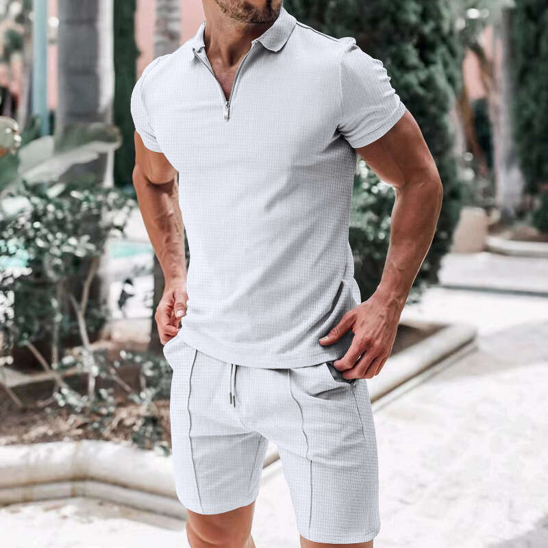 Summer Men's Zipper Polo T-Shirt Casual Loose Short Sleeve Shorts Sports Set B5