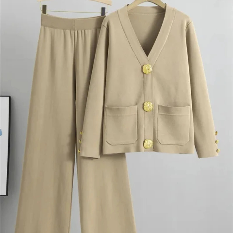 Fall Winter Womens Knit Sweater Sets Large Gold Button V-neck Cardigan Coats Conjunto High Waist Baggy 95cm Wide Leg Pants Suit 250714