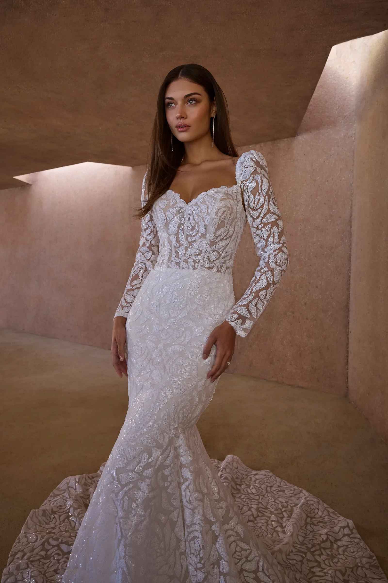 Glamorous Mermaid Wedding Dresses V Neck Long Sleeve Lace Zipper Sweep Train Bridal Gown Vestidos De Novia