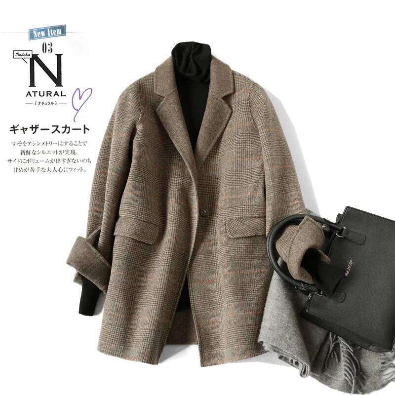 Handmade Sewn Double-Sided Woolen Blazer Women Spring Autumn Plaid Wool Overcoat Office Lady Casual Suit Coat Thick Jacket MDNG