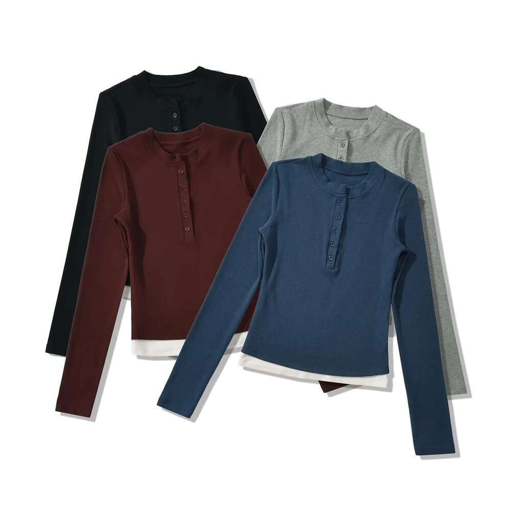 American Style Spicy Girl Fake Two-Piece Long Sleeve T-Shirt For Women, Autumn New Design Slim Fit Base Shirt Short Top B5