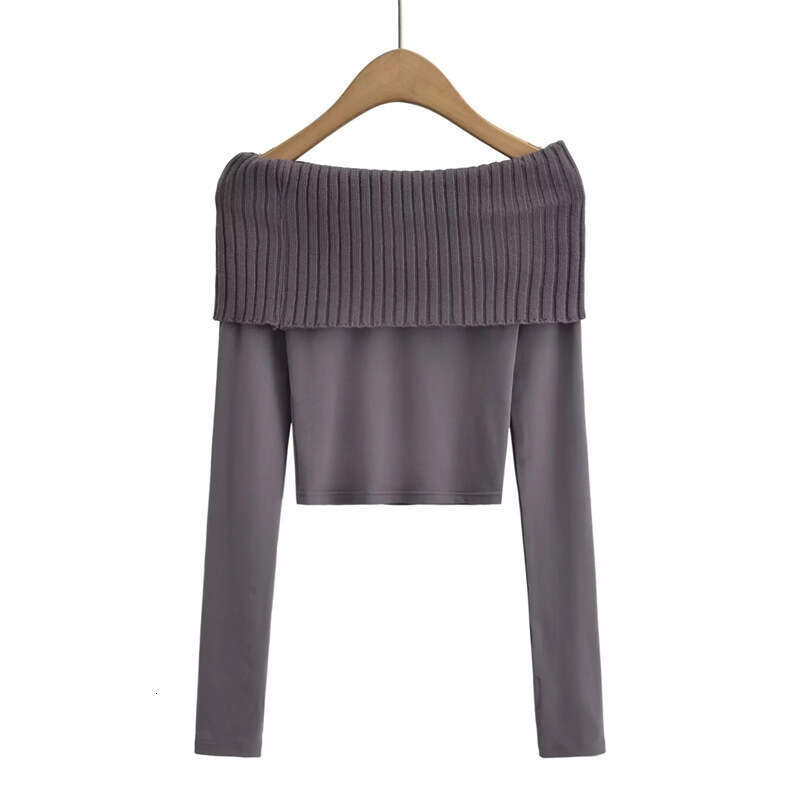 American Style Spicy Girl Sexy Off-Shoulder Knitted Patchwork Cuffed Long Sleeve T-Shirt Ultra Short Crop Top B5 g5