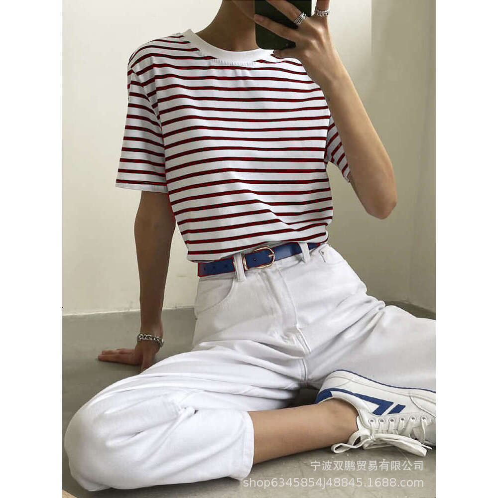 Spring Summer Casual Loose Striped T-Shirt For Women Cotton Round Neck Long Sleeve Pullover Top B5