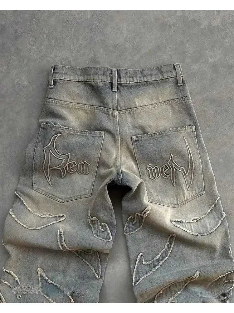 Streetwear Fashion Retro Hip Hop Flame Embroidery Loose High Waisted Men Jeans Female Y2K New Harajuku Gothic Wide Leg Pants X250718