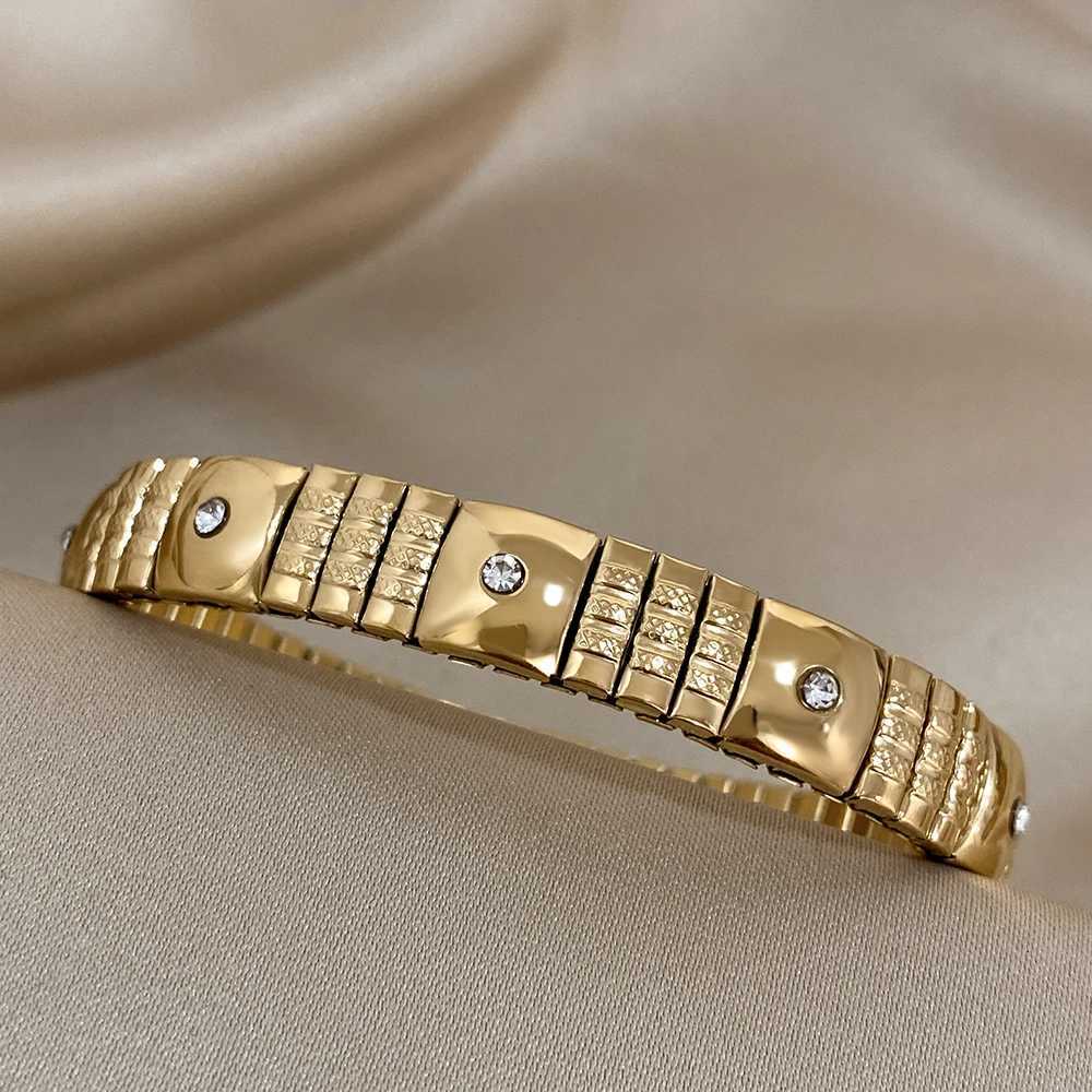 ALL New Gold Plated Stainless Steel Elastic Bangle Bracelet for Women Vintage Inlaid Rhinestone Adjustable Watchband Jewelry X250718