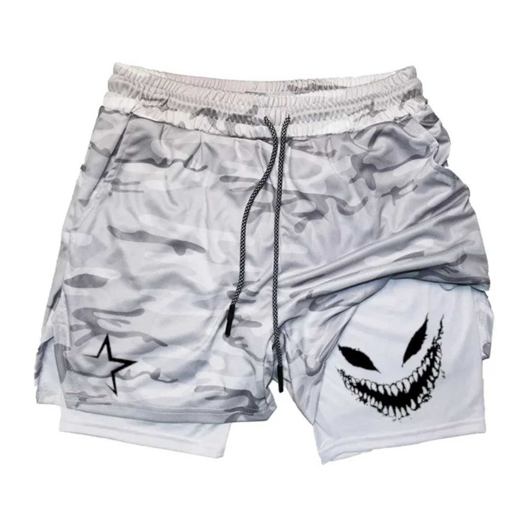 Mens breathable and quick-drying sports shorts with Devil smile print 2-in- performance shorts and a mobile phone pocket W250718