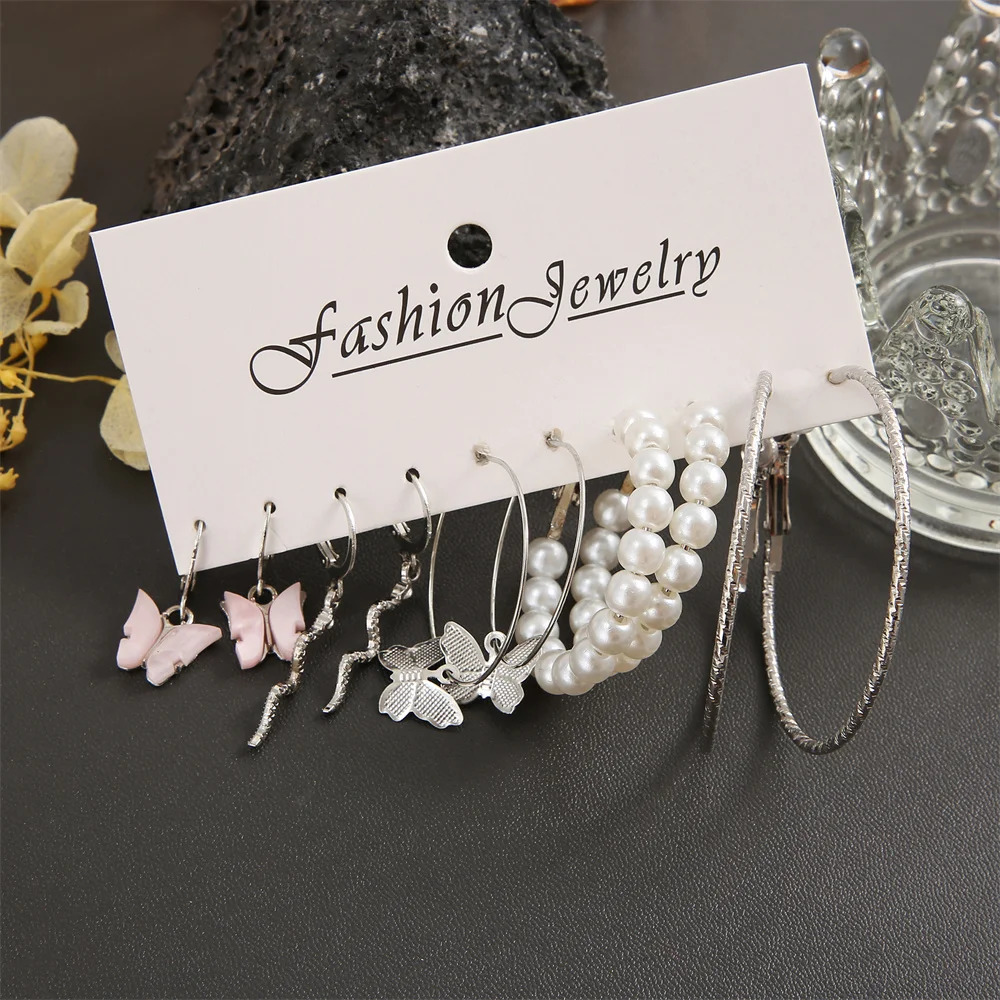 Fashion Big Silver Color Round Circle Pearl Hoop Earrings for Women Girls Snake Butterfly Dangle Earring Set Female Y2K Jewelry 250717