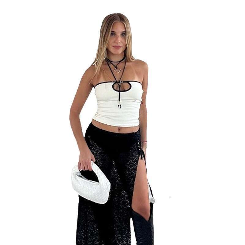 Summer New Color-Block Small Vest Women's Sexy Hollow Out Ultra Short Female Base Layer Tube Top B5