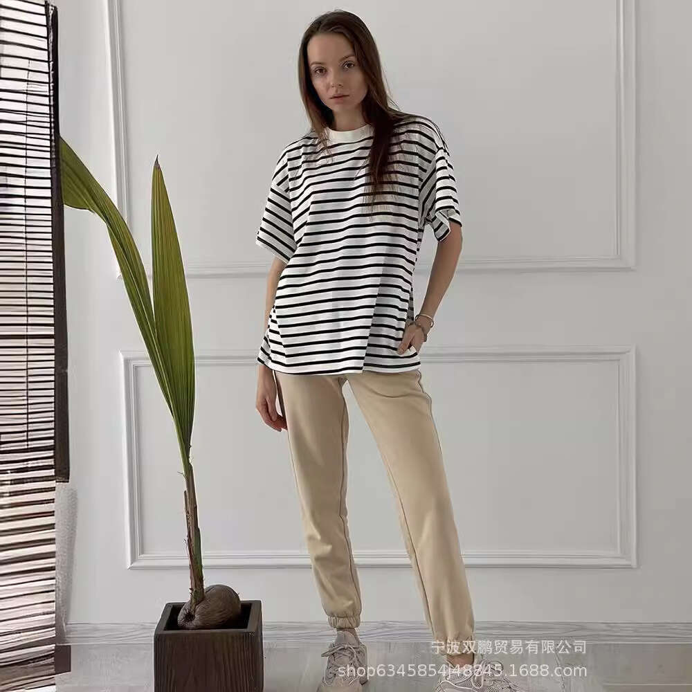 Spring Summer Casual Pure Cotton Striped T-Shirt For Women Loose Fit Versatile Split Long Sleeve Top Style B5
