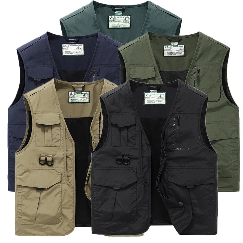 Men Spring Sleeveless Many Pocket Stand Collar Vest Jackets Men Solid Color Outdoors Fishing Cargo Casual Vest Jackets Male 250717