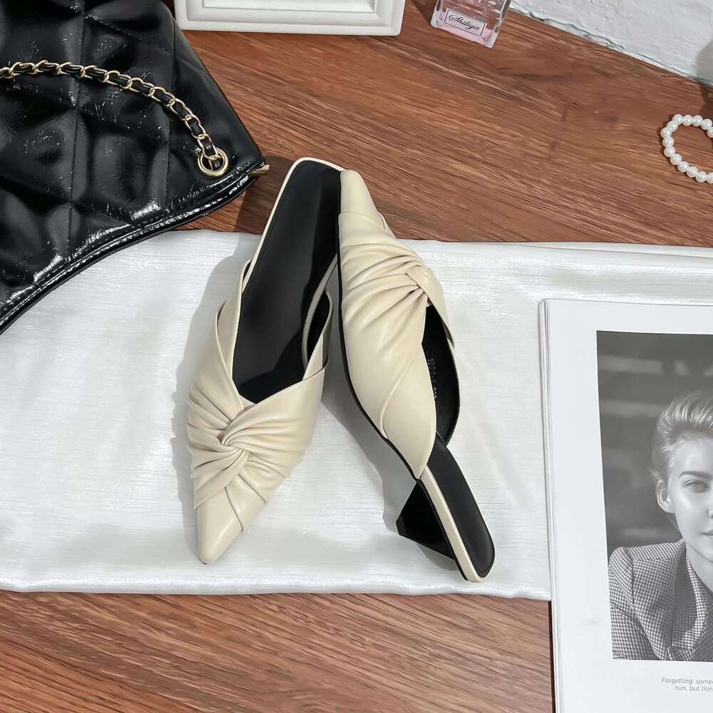 2025 Spring Summer New French Style Closed-Toe Sandals Backless Half Pointed Toe Mules Wrinkled Light Luxury Slippers