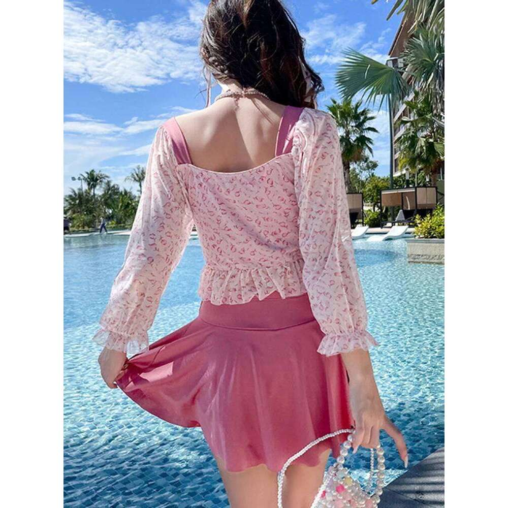 OIINAA Print Bathing Suit Women Ruffled Long Sleeve Hot Spring Swimwear High Waisted Mini Skirt Summer 2025 New Fashion Swimsuit