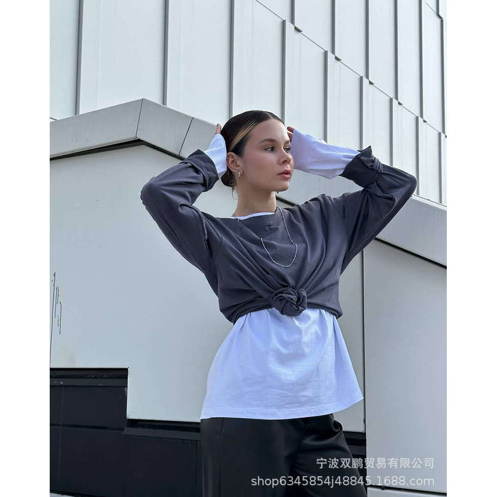 Spring And Autumn New Solid Color Long Sleeve T-Shirt For Women BF Style Extended Pure Cotton Top 3317A B5