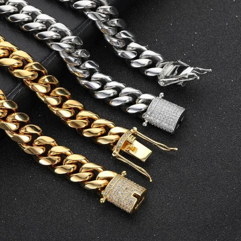 6-12mm Hip Hop Cuban Chain Iced Clasp Stainless Steel 18K Gold Plated Chaine For Men Necklace Jewelry 250717